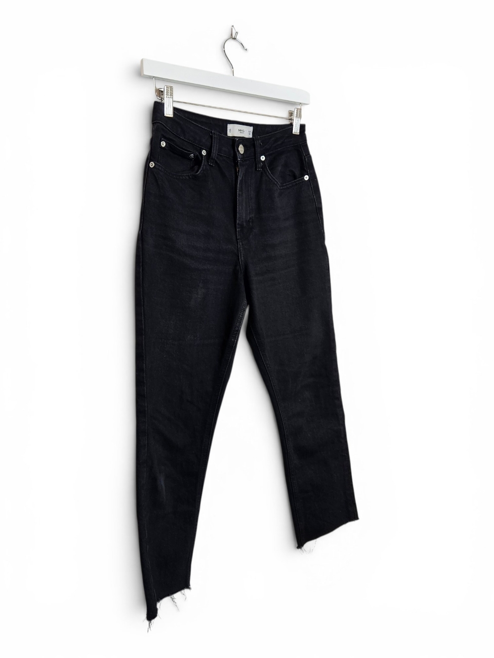 Mango Jeans Sz 2 High Rise Straight Raw Hem Black Wash Cotton Denim